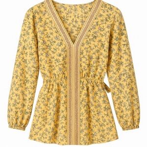 Max Studio Yellow Floral Peplum Blouse M Boho Cottagecore Spring Top Tie Waist